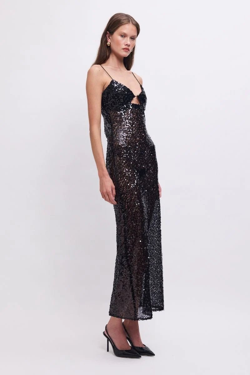Allure Sheer Sequin Maxi Dress in Black - SODA Fashion Haus