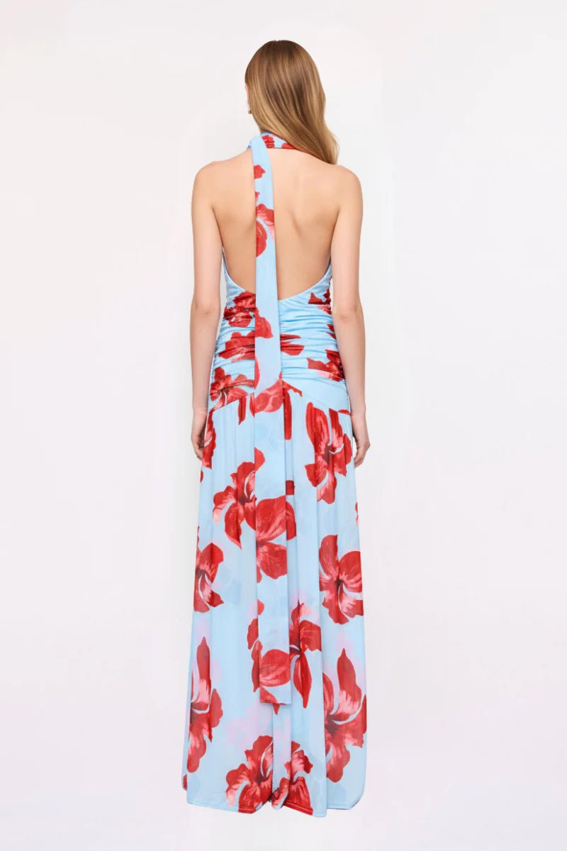 Chloe Floral Halter Mesh Plunge Maxi Dress – Blue Pink by Suboo - Australian designer Dress | SODA Fashion Haus