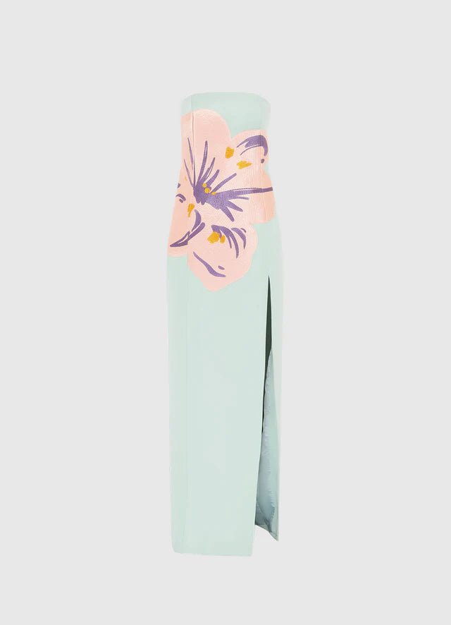 Clémence Embroidered Split Maxi Dress - Hibiscus in Pistachio - SODA Fashion Haus