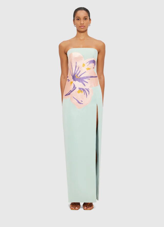 Clémence Embroidered Split Maxi Dress - Hibiscus in Pistachio - SODA Fashion Haus