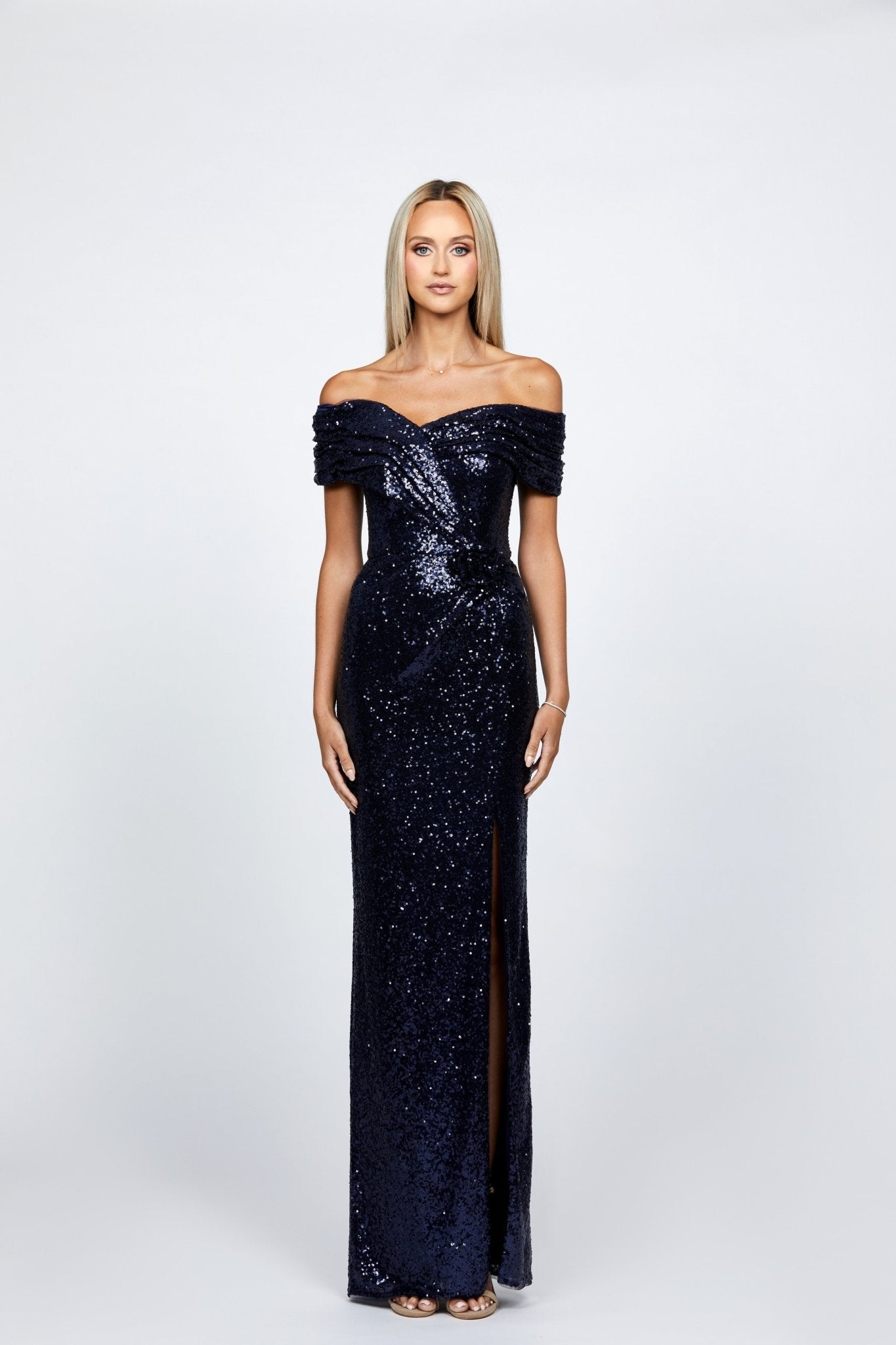 Evanie Draped Off Shoulder Sequin Gown - SODA Fashion Haus