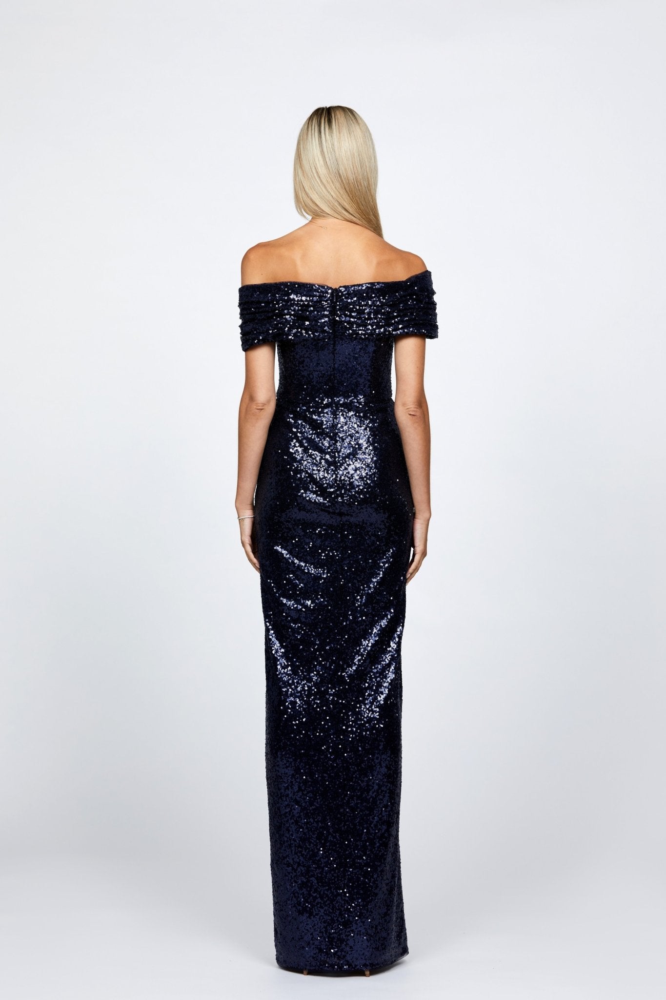 Evanie Draped Off Shoulder Sequin Gown - SODA Fashion Haus