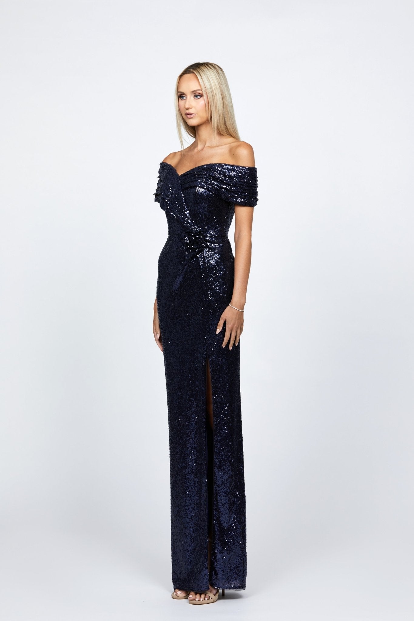 Evanie Draped Off Shoulder Sequin Gown - SODA Fashion Haus