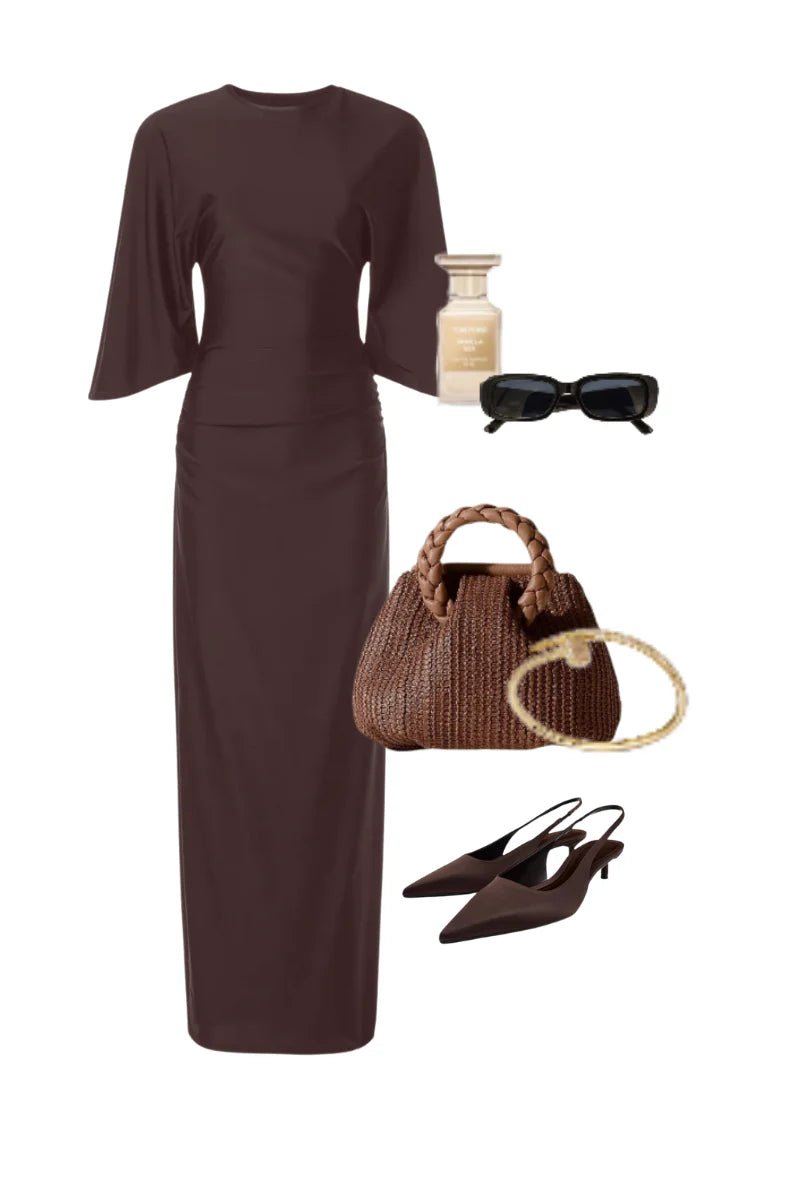 Ivy Cape Sleeve Dress (Midi) - Chocolate - SODA Fashion Haus