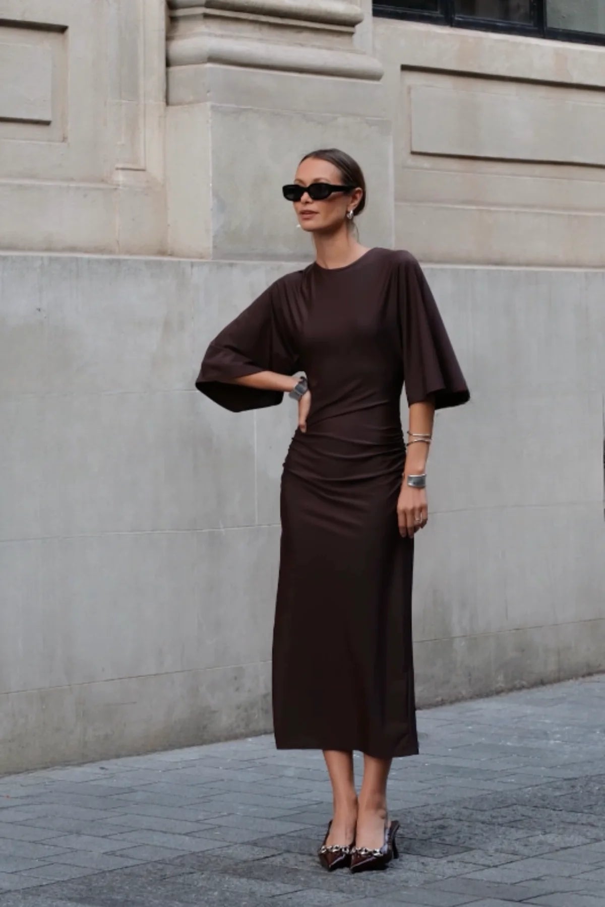 Ivy Cape Sleeve Dress (Midi) - Chocolate - SODA Fashion Haus