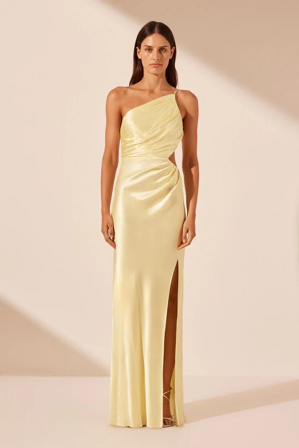 La Lune Asymmetrical Gathered Maxi Dress - Lemon - SODA Fashion Haus