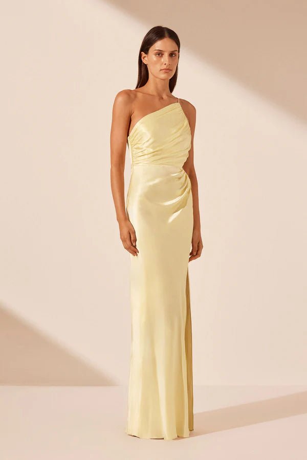La Lune Asymmetrical Gathered Maxi Dress - Lemon - SODA Fashion Haus