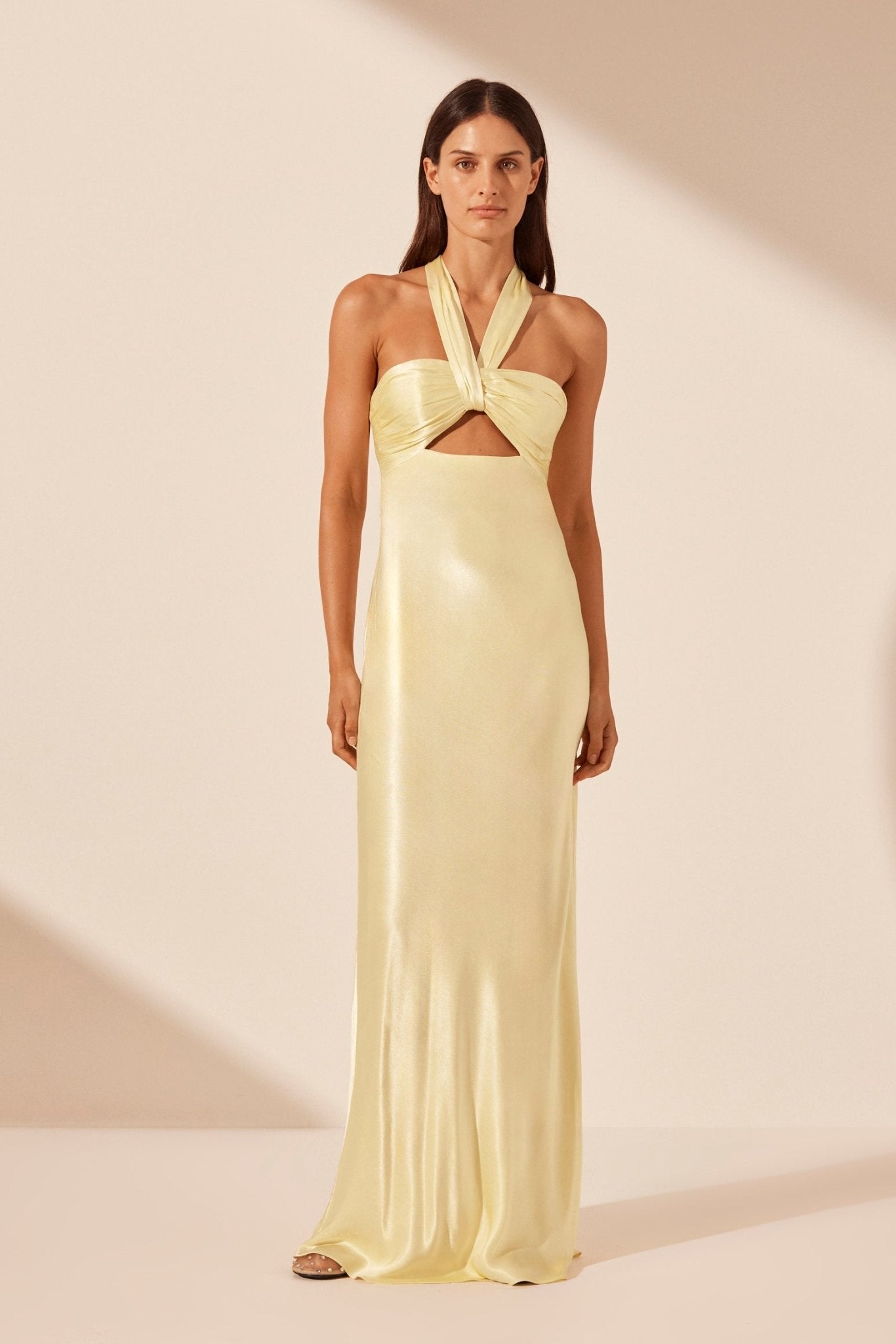 La Lune Ruched Halter Maxi Dress - Lemon - SODA Fashion Haus