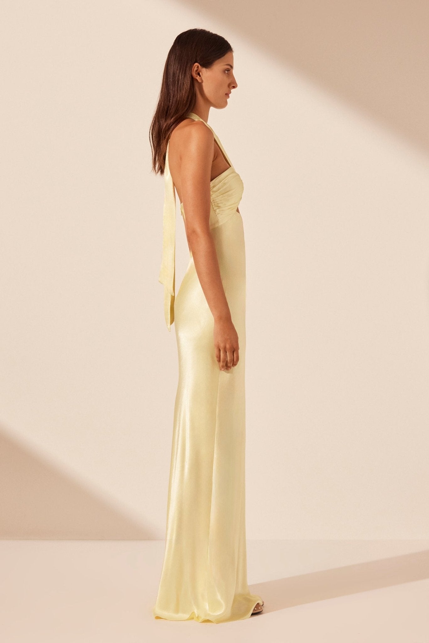 La Lune Ruched Halter Maxi Dress - Lemon - SODA Fashion Haus