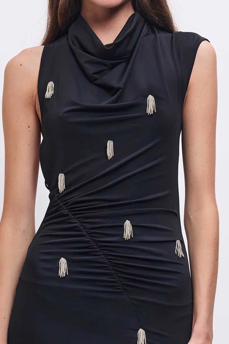 Phoebe Asymmetrical Cowl - Neck Embellished Mini Dress - SODA Fashion Haus