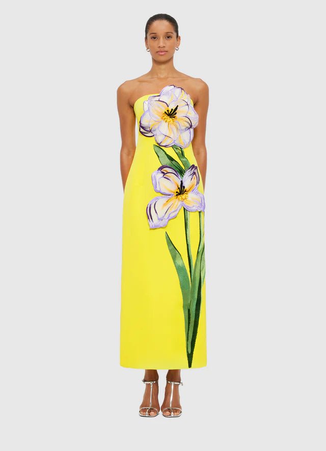 Rayna Applique Floral Maxi Dress - Iris Print in Yellow - SODA Fashion Haus