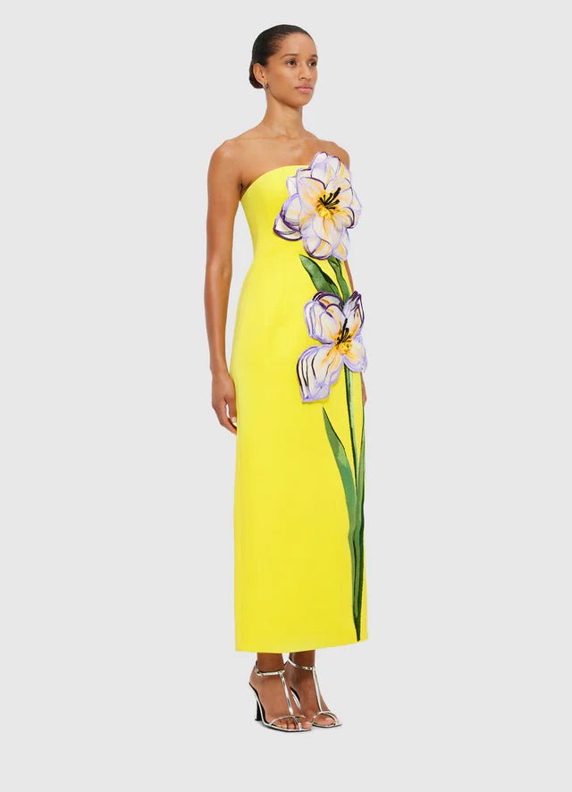Rayna Applique Floral Maxi Dress - Iris Print in Yellow - SODA Fashion Haus