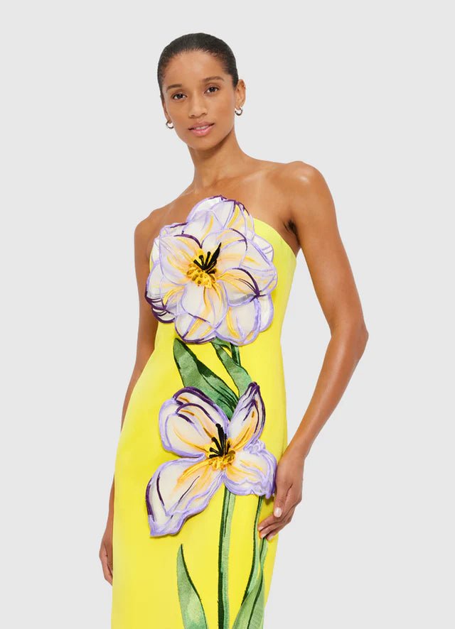Rayna Applique Floral Maxi Dress - Iris Print in Yellow - SODA Fashion Haus