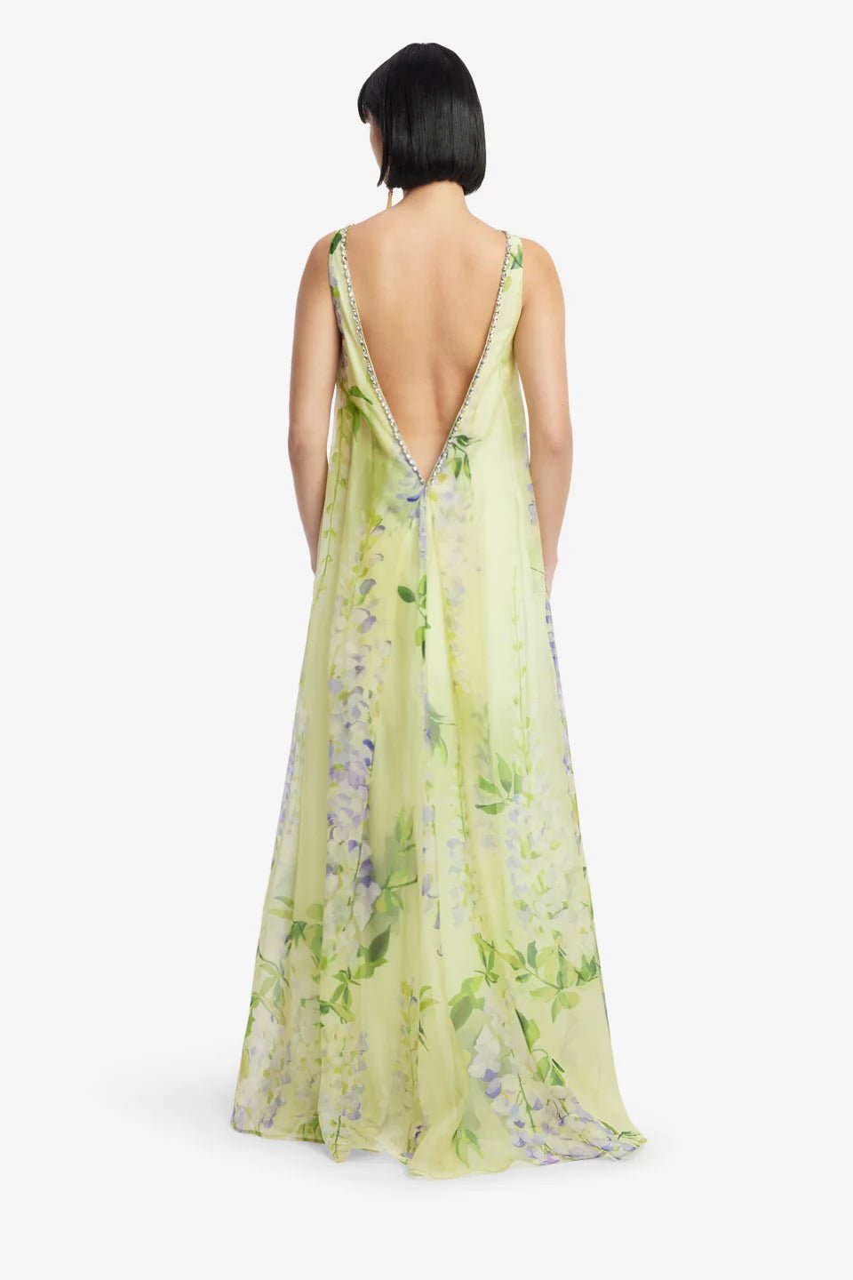 Floral occasion gown with open back and soft, lightweight fabric