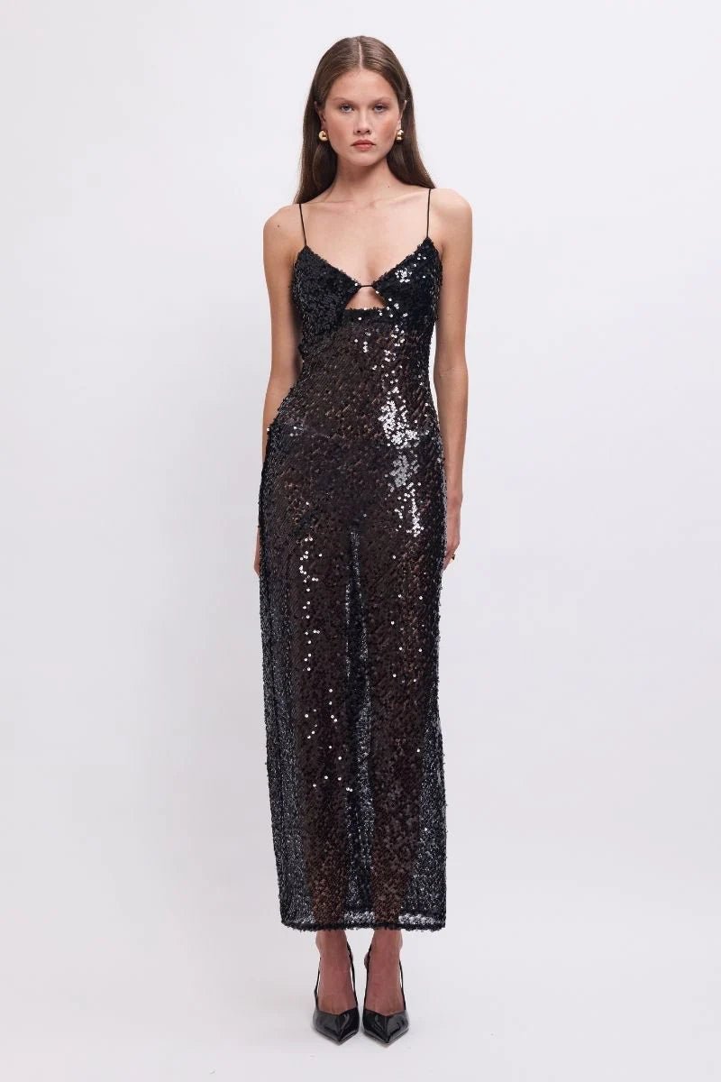 Allure Sheer Sequin Maxi Dress in Black