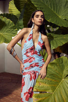 Chloe Floral Halter Mesh Plunge Maxi Dress – Blue Pink by Suboo - Australian designer Dress | SODA Fashion Haus