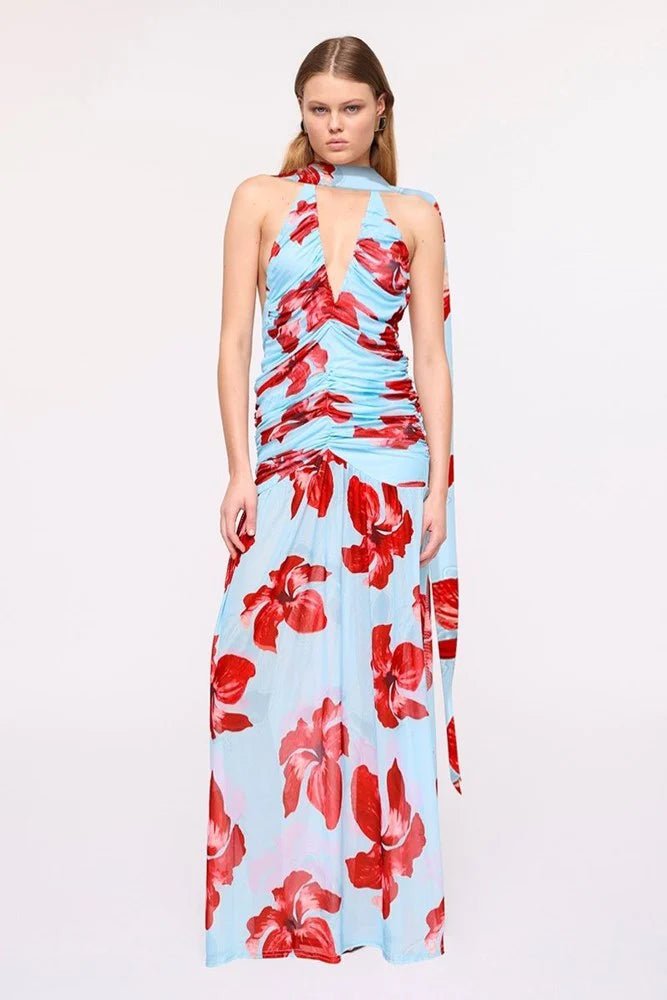 Chloe Floral Halter Mesh Plunge Maxi Dress – Blue Pink by Suboo - Australian designer Dress | SODA Fashion Haus