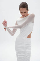 Christy Mesh Ruched Maxi Dress - White - SODA Fashion Haus