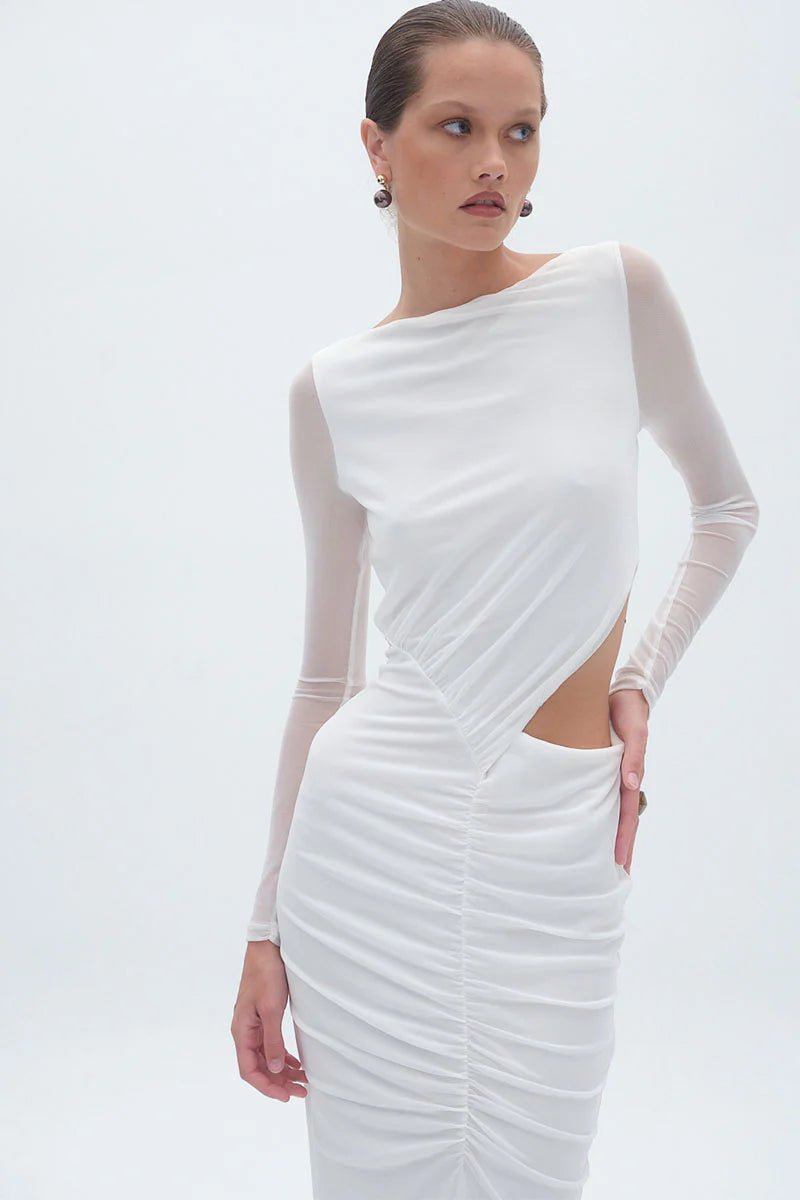 Christy Mesh Ruched Maxi Dress - White - SODA Fashion Haus