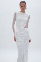 Christy Mesh Ruched Maxi Dress - White - SODA Fashion Haus