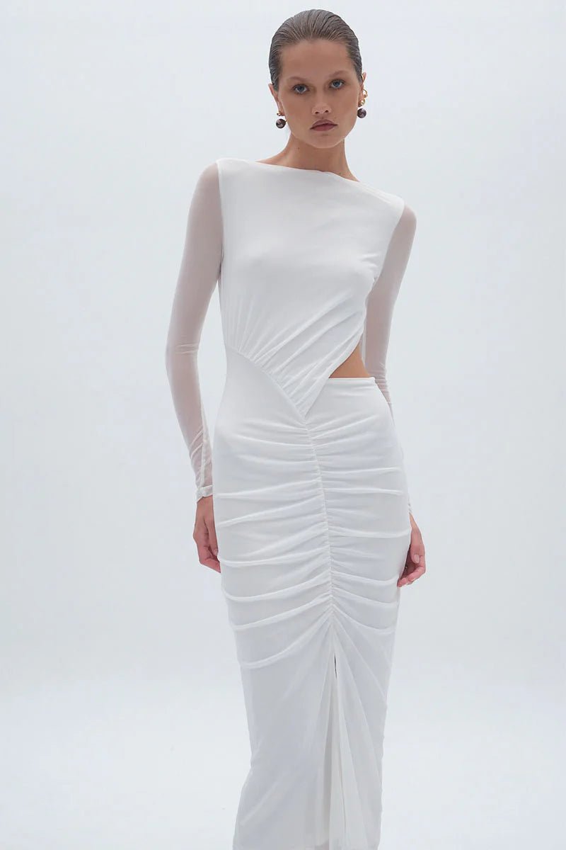 Christy Mesh Ruched Maxi Dress - White - SODA Fashion Haus