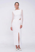 Christy Mesh Ruched Maxi Dress - White - SODA Fashion Haus