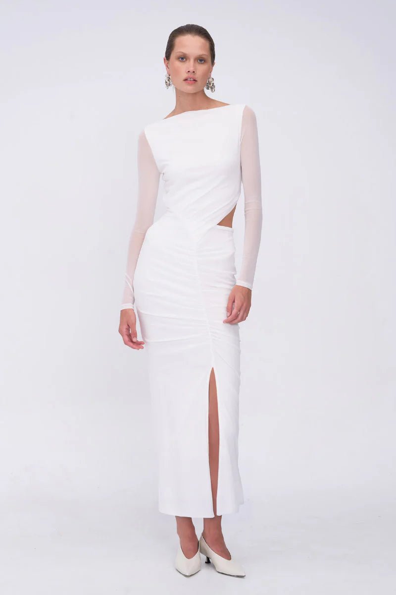 Christy Mesh Ruched Maxi Dress - White - SODA Fashion Haus
