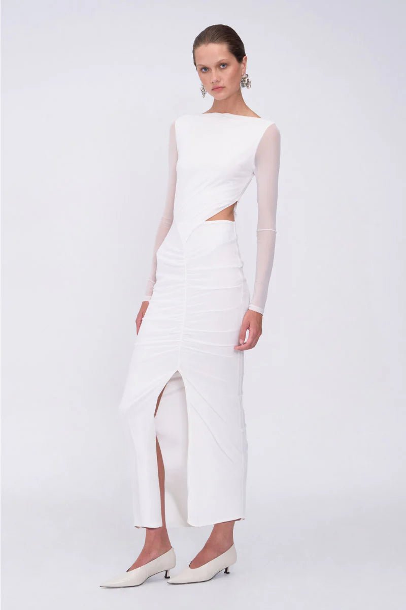 Christy Mesh Ruched Maxi Dress - White - SODA Fashion Haus