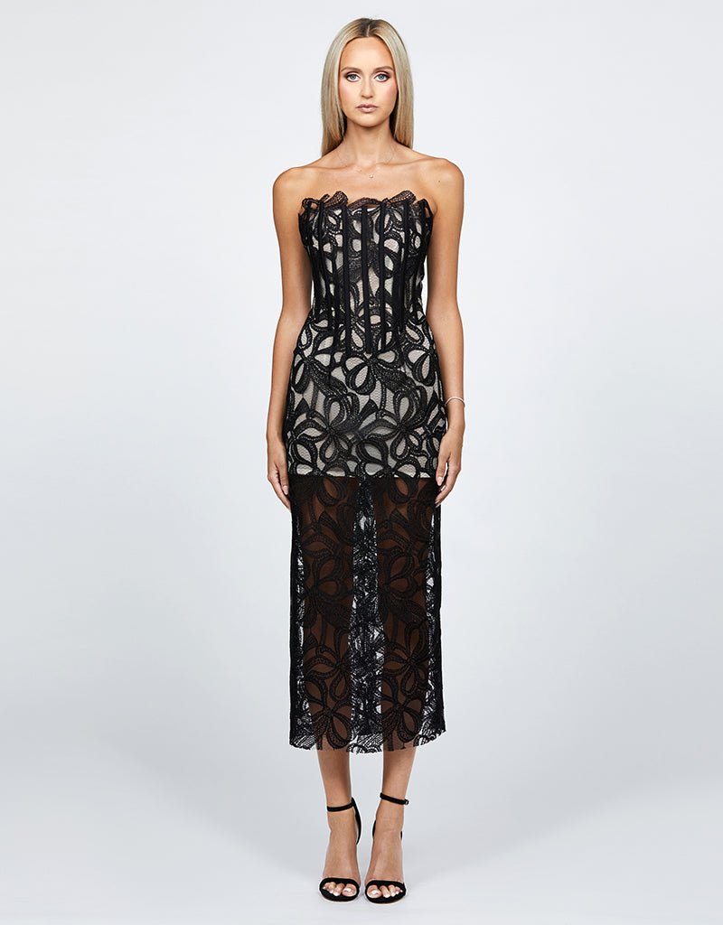 Clarise Fitted Strapless Lace Midi - SODA Fashion Haus