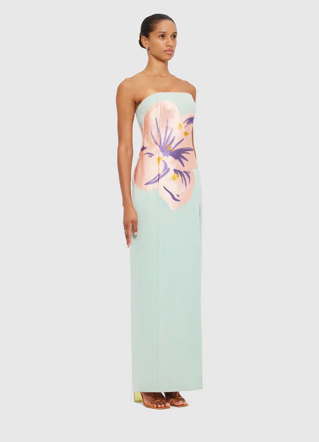 Clémence Embroidered Split Maxi Dress - Hibiscus in Pistachio - SODA Fashion Haus