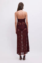 Gordana Sheer Lace Halter - Neck Maxi Dress with Built in Bralette in Bordeaux - SODA Fashion Haus