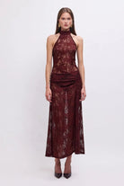Gordana Sheer Lace Halter - Neck Maxi Dress with Built in Bralette in Bordeaux - SODA Fashion Haus