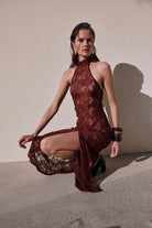 Gordana Sheer Lace Halter - Neck Maxi Dress with Built in Bralette in Bordeaux - SODA Fashion Haus