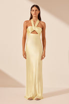 La Lune Ruched Halter Maxi Dress - Lemon - SODA Fashion Haus
