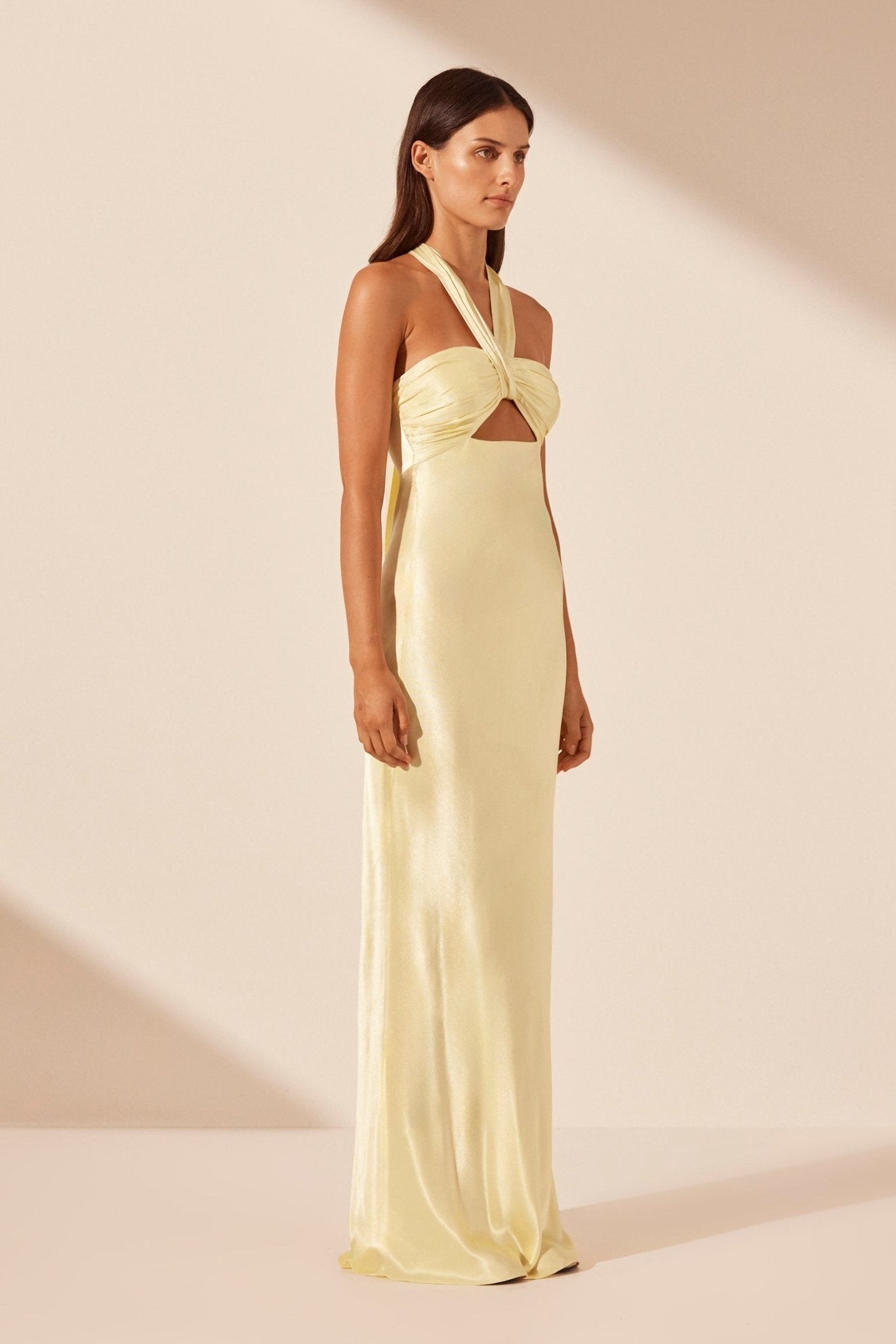 La Lune Ruched Halter Maxi Dress - Lemon - SODA Fashion Haus Dress Shona Joy La Lune Ruched Halter Maxi Dress - Lemon - SODA Fashion Haus Dress Shona Joy