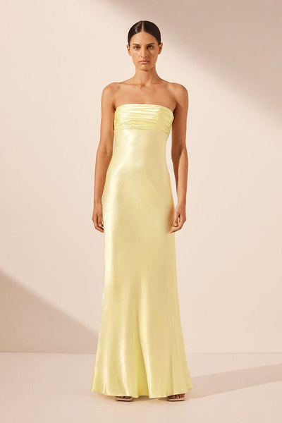 La Lune Strapless Ruched Bodice Maxi Dress - Lemon - SODA Fashion Haus Dress Shona Joy La Lune Strapless Ruched Bodice Maxi Dress - Lemon - SODA Fashion Haus Dress Shona Joy