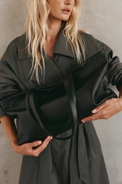 Mia Black Leather East West Slouchy Tote - SODA Fashion Haus