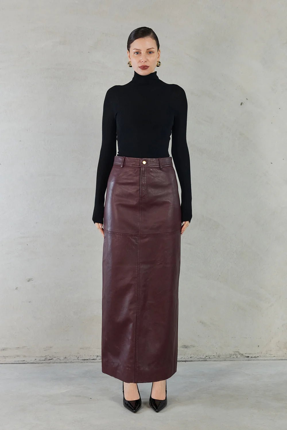 Sara Leather Maxi Skirt - Wine - SODA Fashion Haus
