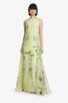 Floral maxi dress in soft green tones with delicate wisteria print